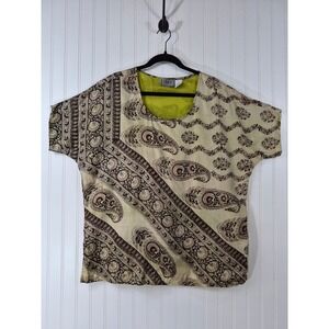 Vintage Select 1X 100% Silk Paisley Print Blouse Short Sleeve Lined Boho Sheer